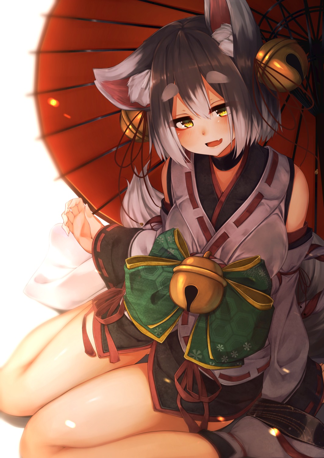 animal_ears japanese_clothes rerrere tail umbrella