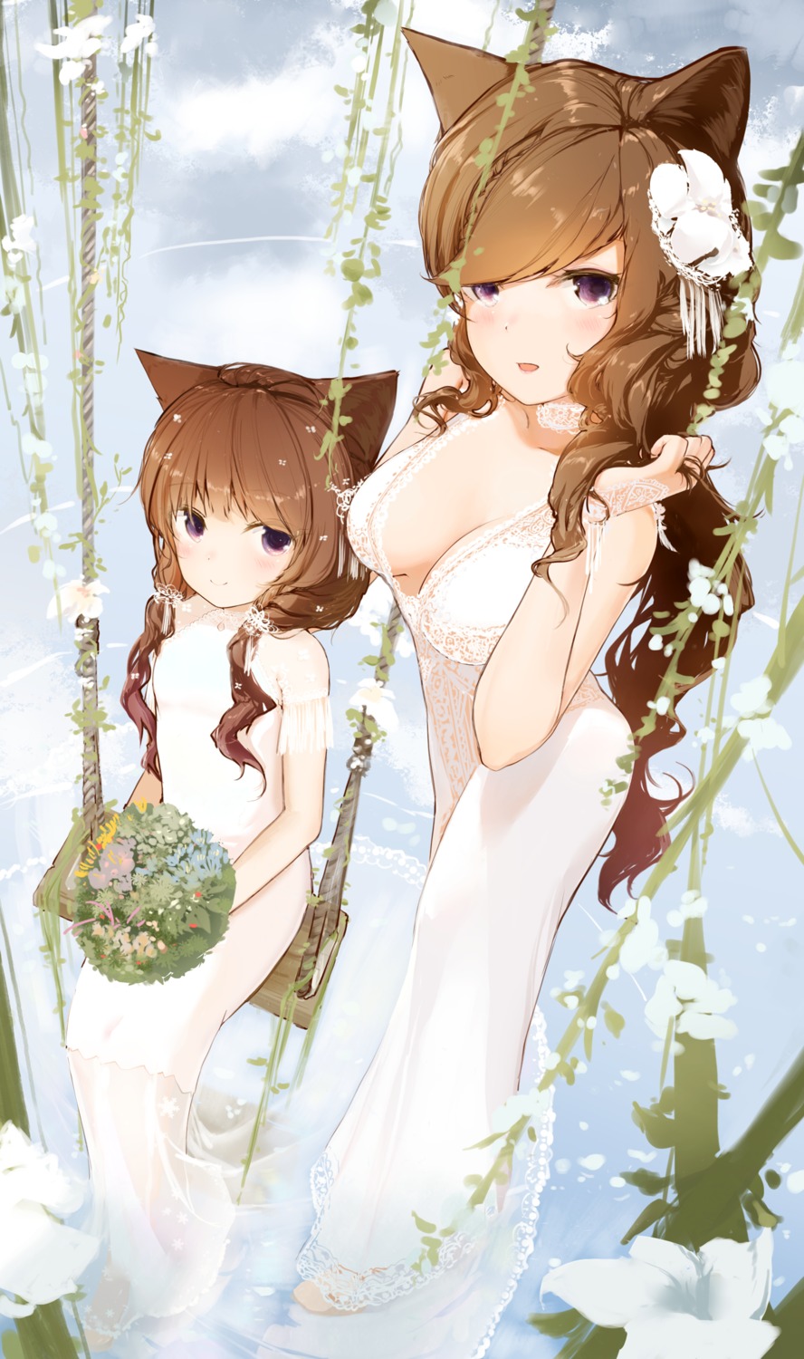 animal_ears dress futoshi_ame nekomimi no_bra see_through wedding_dress