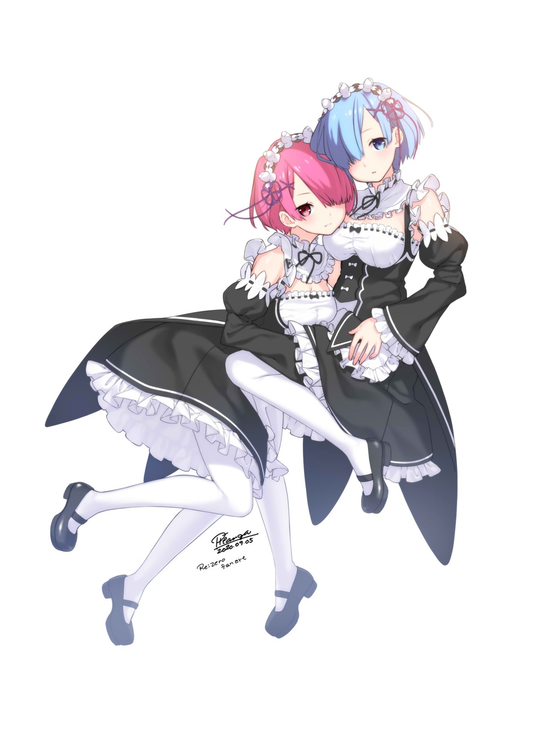 cleavage maid nana_mikoto pantyhose ram_(re_zero) re_zero_kara_hajimeru_isekai_seikatsu rem_(re_zero) skirt_lift