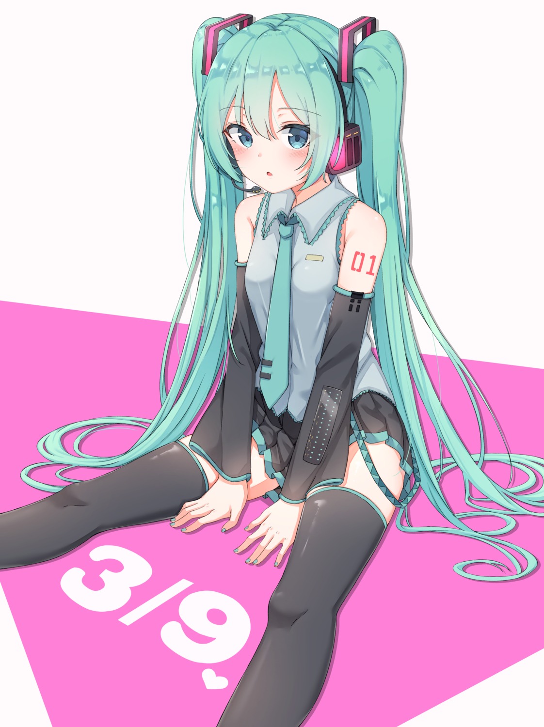 hatsune_miku headphones tattoo thighhighs vocaloid xue_lu