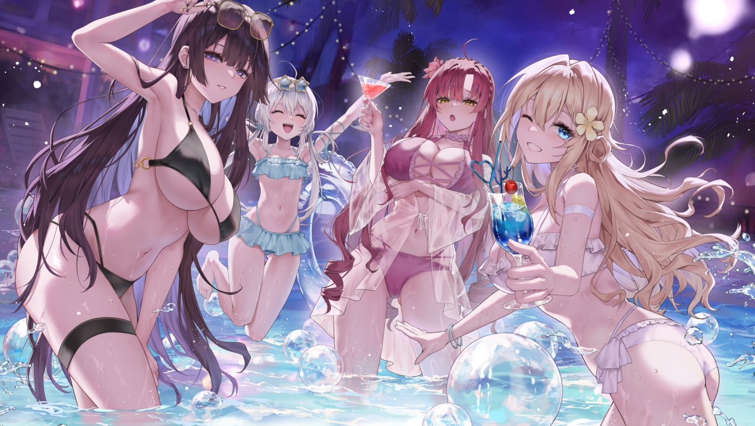 ass bikini breast_hold fang_qiao garter loli megane open_shirt see_through swimsuits thong wet wet_clothes