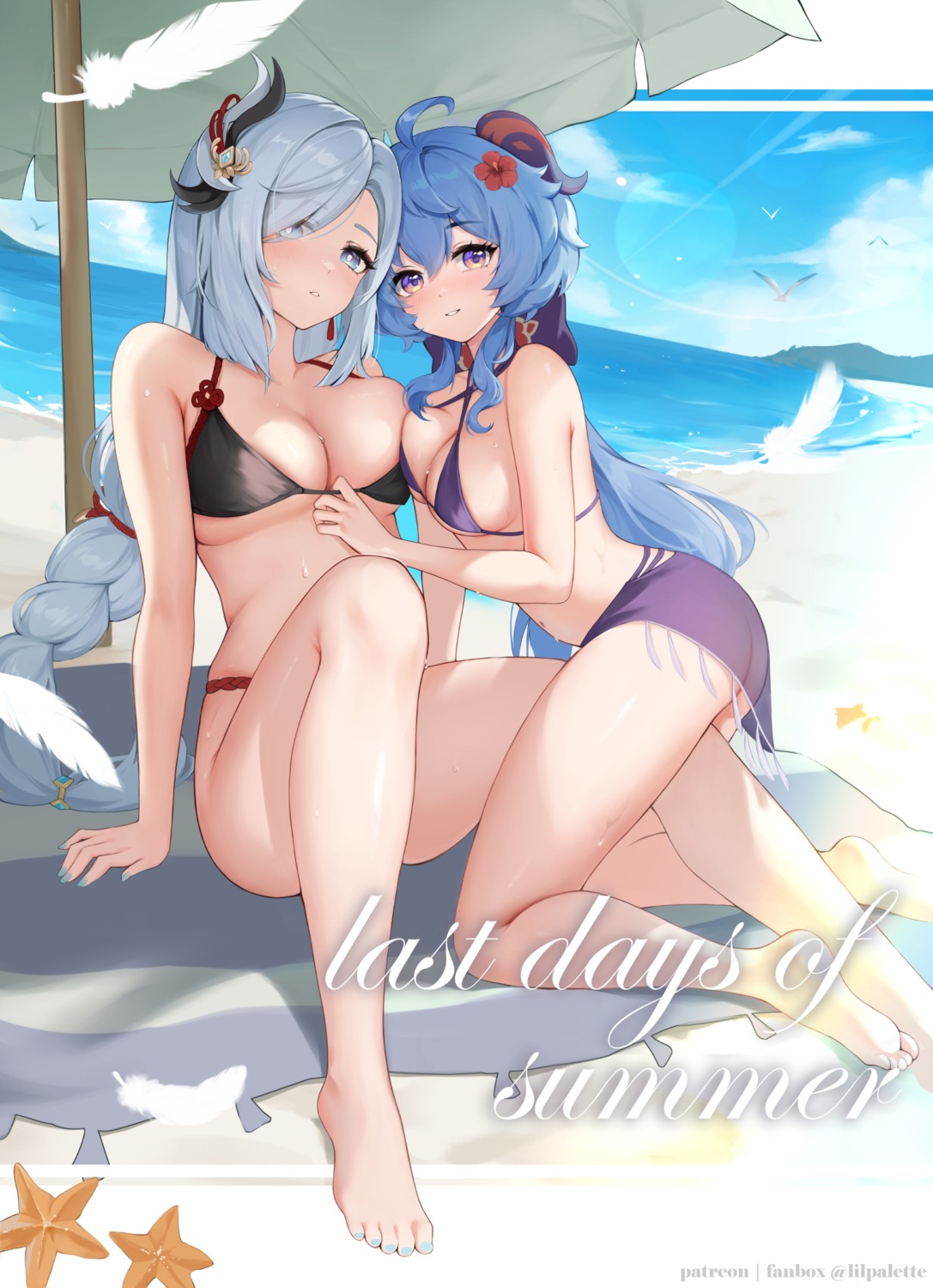 ass bikini ganyu genshin_impact horns lilpalette see_through shenhe swimsuits symmetrical_docking wet yuri