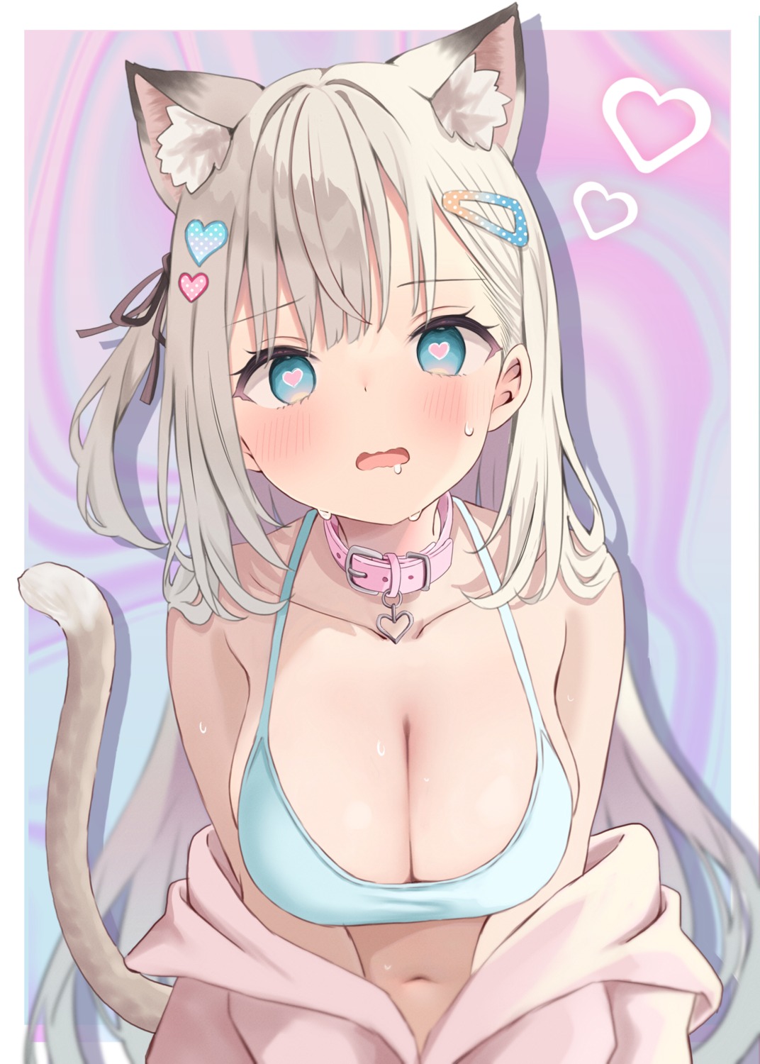 akino_ell animal_ears bra nekomimi open_shirt tail wet