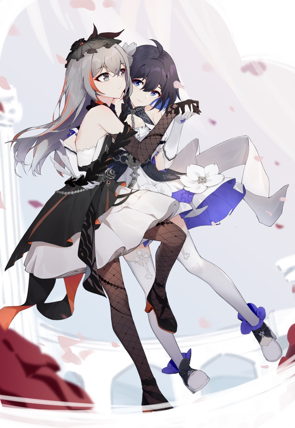 benghuai_xueyuan bronya_zaychik dress fishnets heels honkai_impact kuo_(kuo114514) seele_vollerei skirt_lift thighhighs yuri