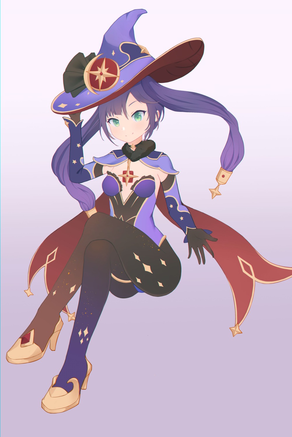 akarichan garter genshin_impact heels leotard mona_megistus no_bra pantyhose witch