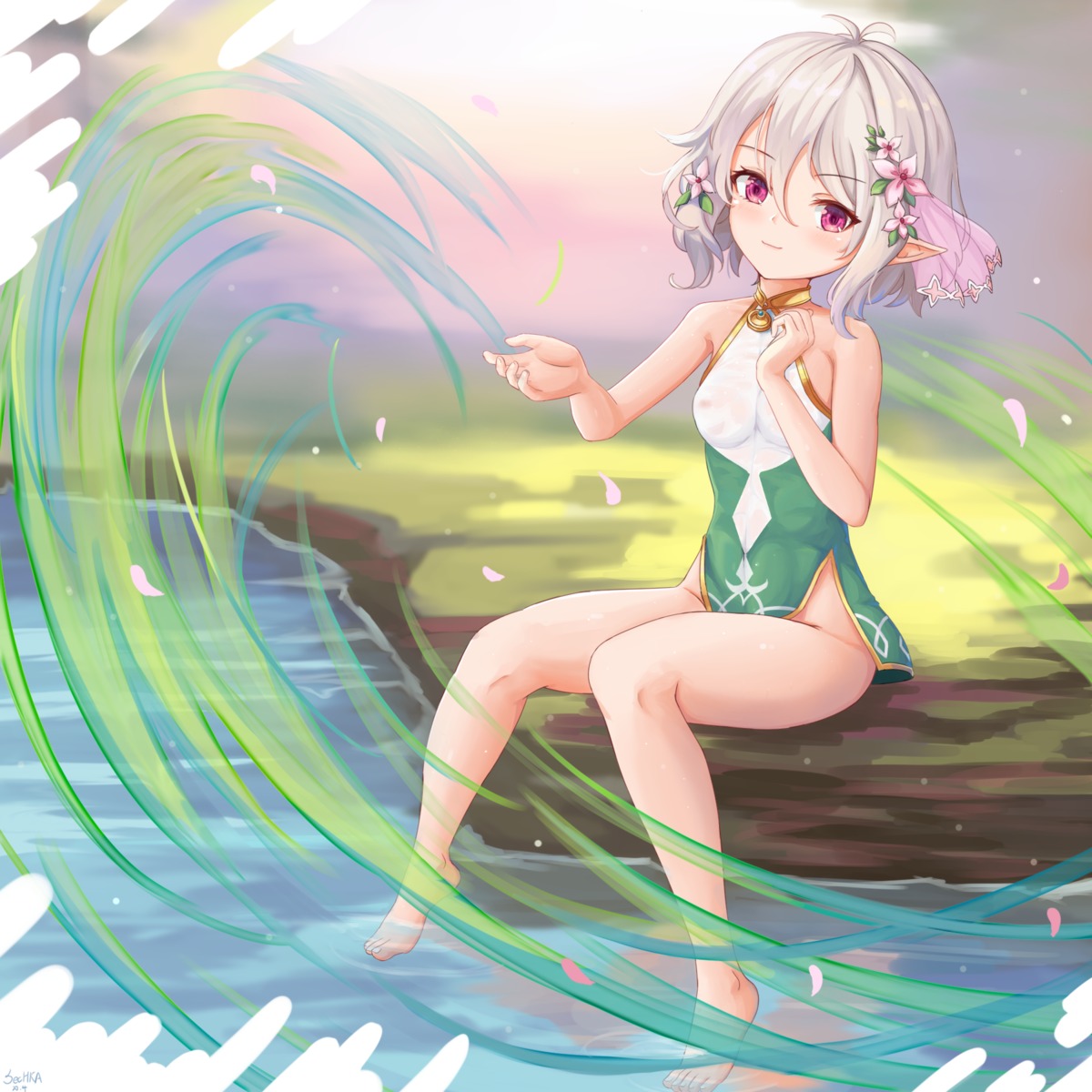 dress kokkoro no_bra nopan pointy_ears princess_connect princess_connect!_re:dive sechka see_through wet wet_clothes