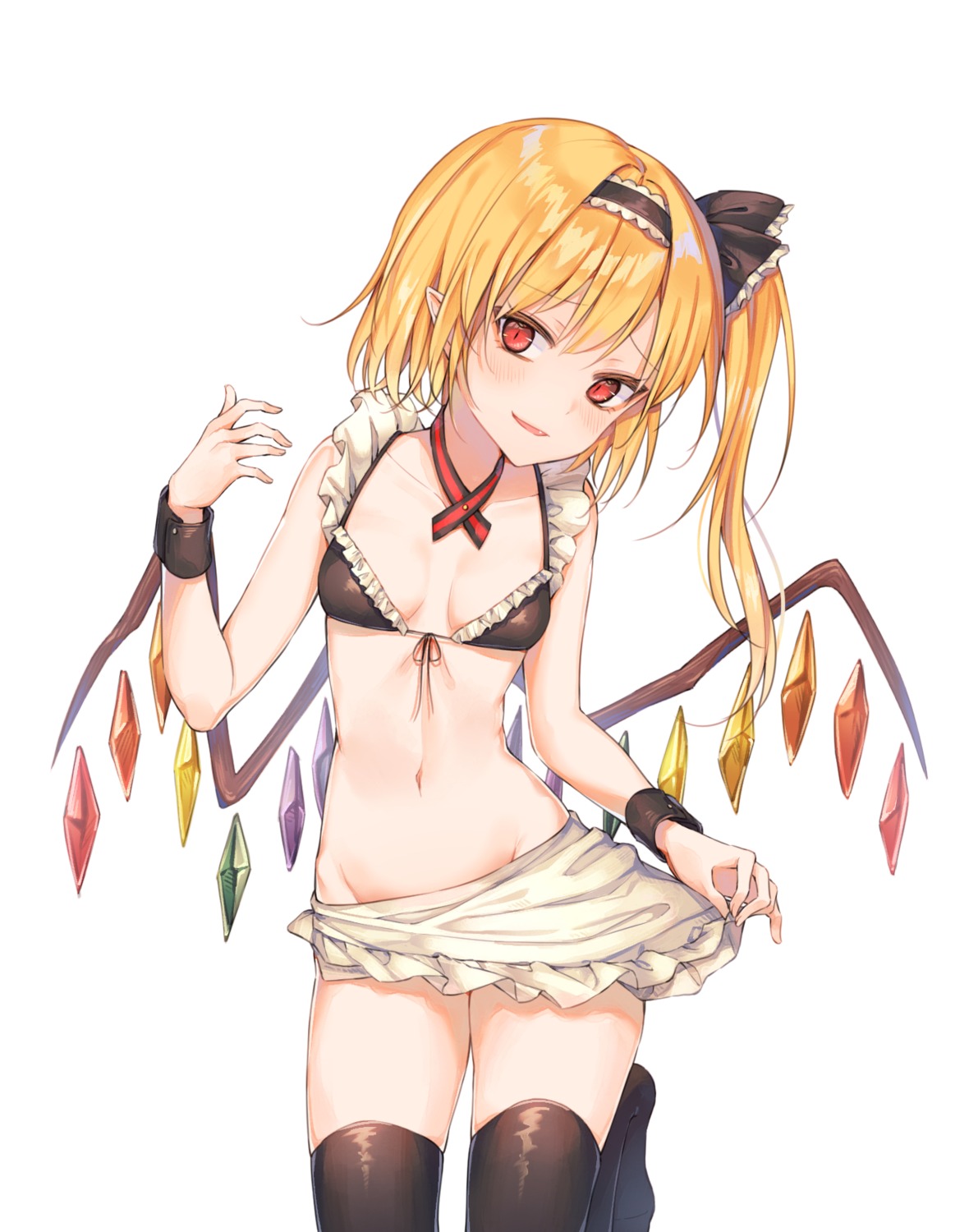 bra cha_chya flandre_scarlet pointy_ears skirt_lift thighhighs touhou wings