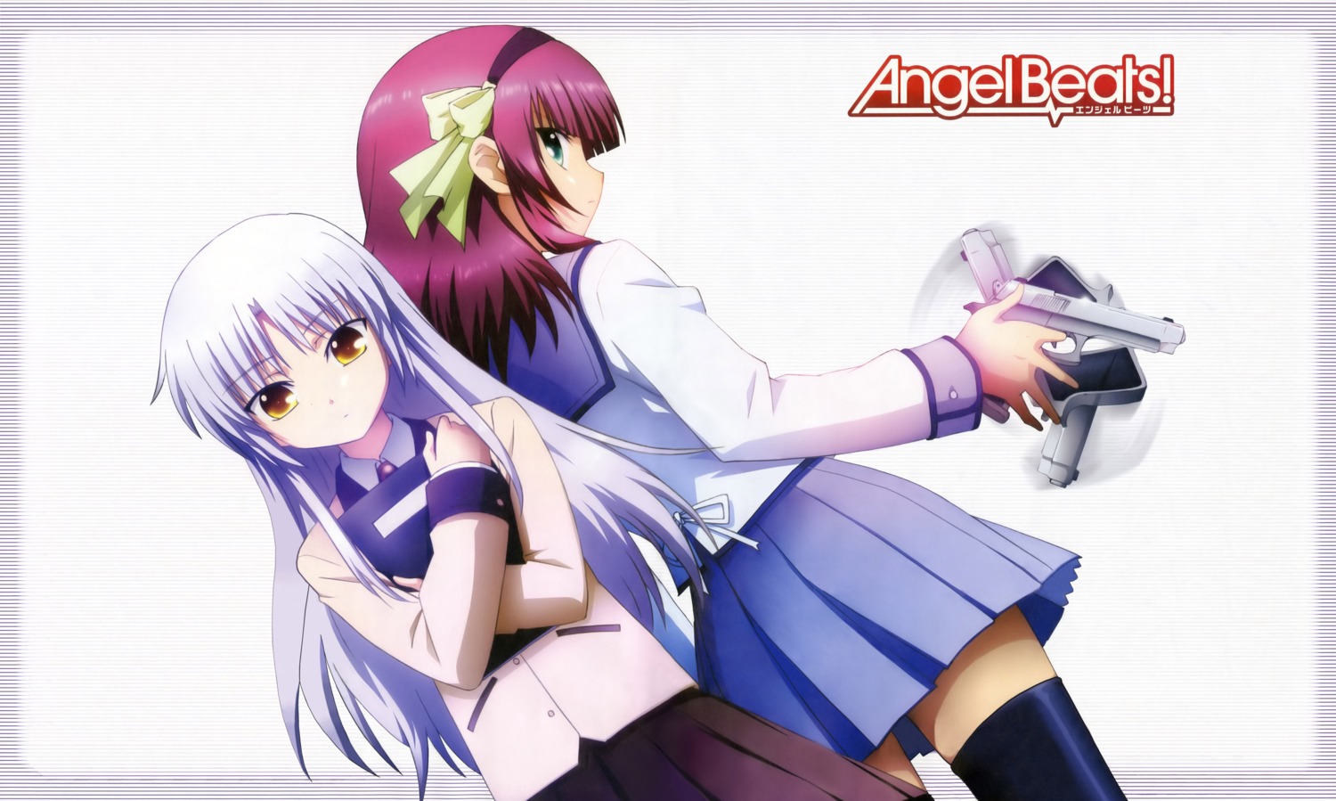 angel_beats! detexted gun nakamura_yuri seifuku suzuki_misaki tachibana_kanade thighhighs