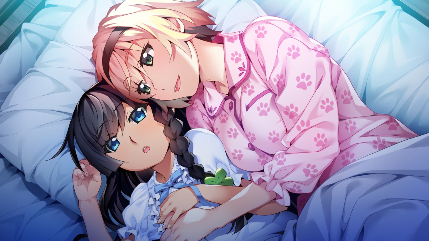 front_wing game_cg grisaia grisaia_phantom_trigger kujirase_christina_sakurako pajama sengoku_taiga sheets watanabe_akio yuri