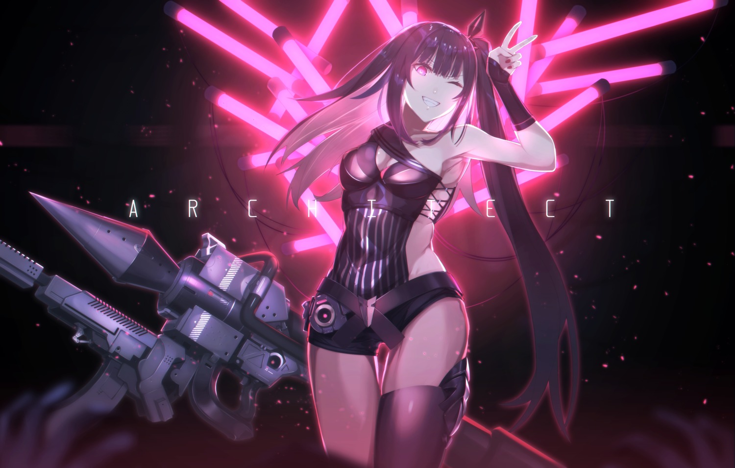 architect_(girls_frontline) cleavage girls_frontline gun inpamas thighhighs weapon