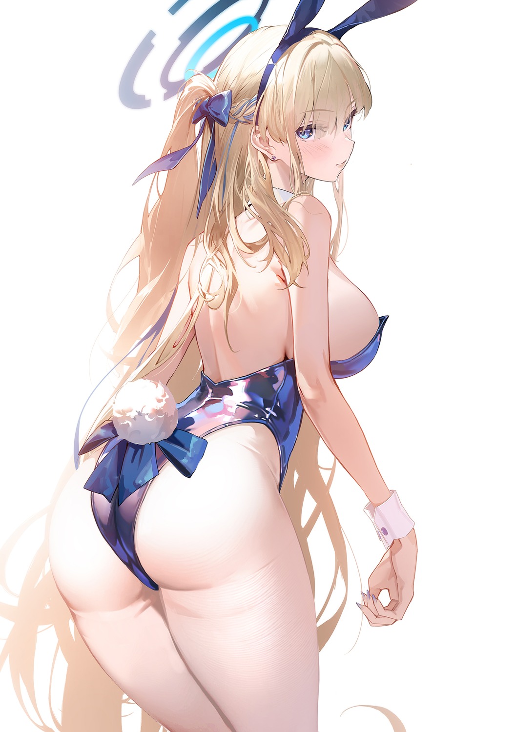 animal_ears artist_revision ass asuma_toki blue_archive bunny_ears bunny_girl drive_shot halo no_bra pantyhose tail