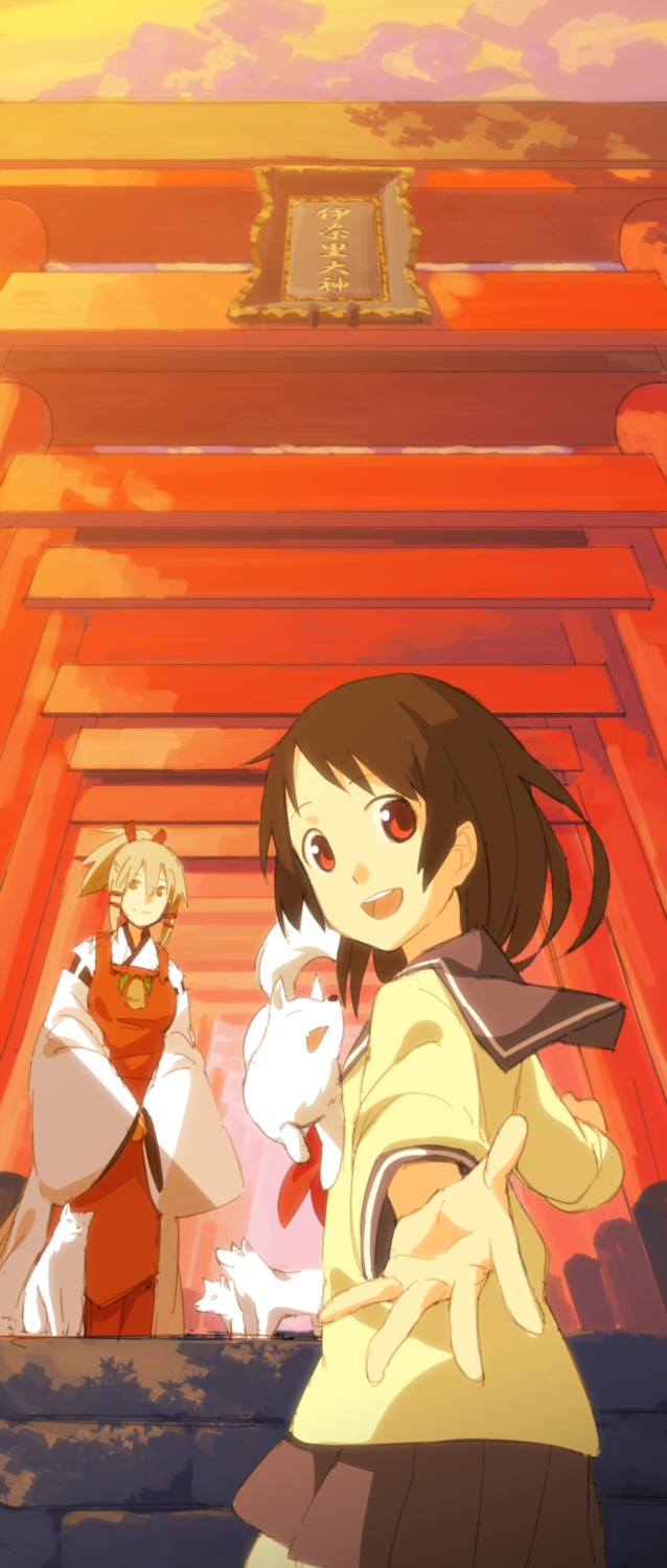 fushimi_inari inari_konkon_koi_iroha kon_(inari_konkon_koi_iroha) miko seifuku seu_kaname ukanomitama_no_kami