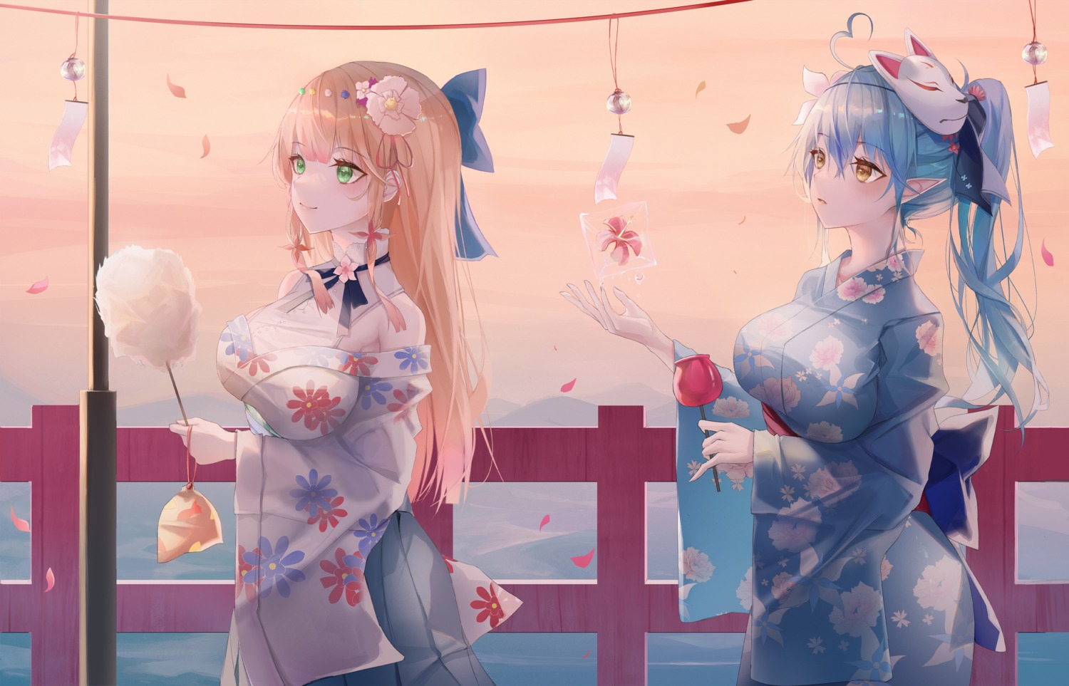 hololive japanese_clothes momosuzu_nene pointy_ears see_through turbulence yukata yukihana_lamy