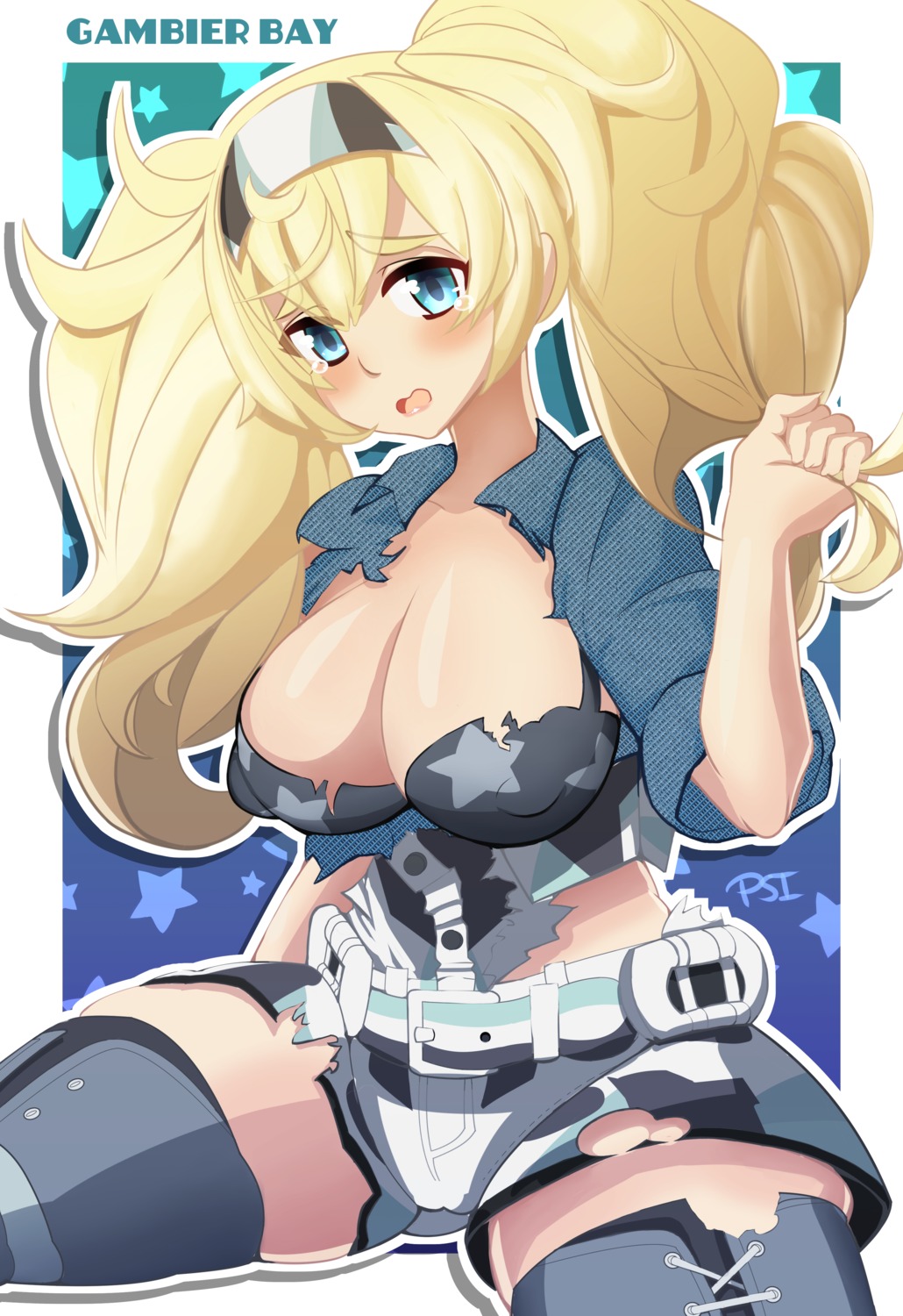 bra cleavage erect_nipples gambier_bay_(kancolle) kantai_collection psidubs thighhighs torn_clothes