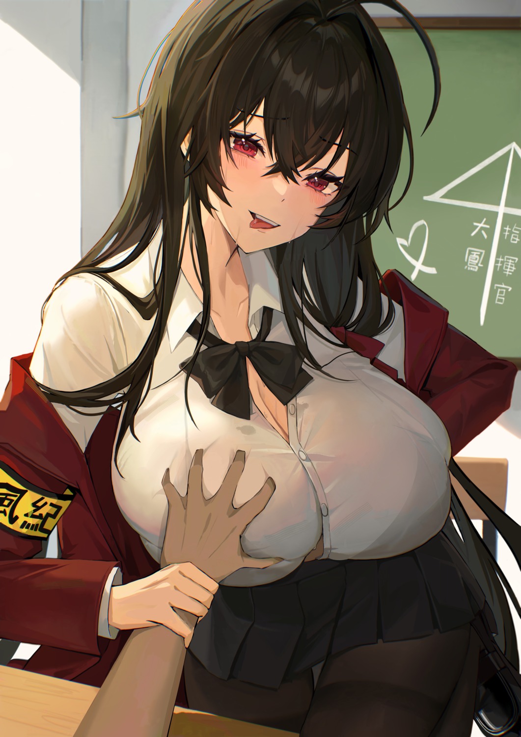 azur_lane bra breast_grab cleavage detexted jintianhuahualema open_shirt pantyhose see_through seifuku taihou_(azur_lane)