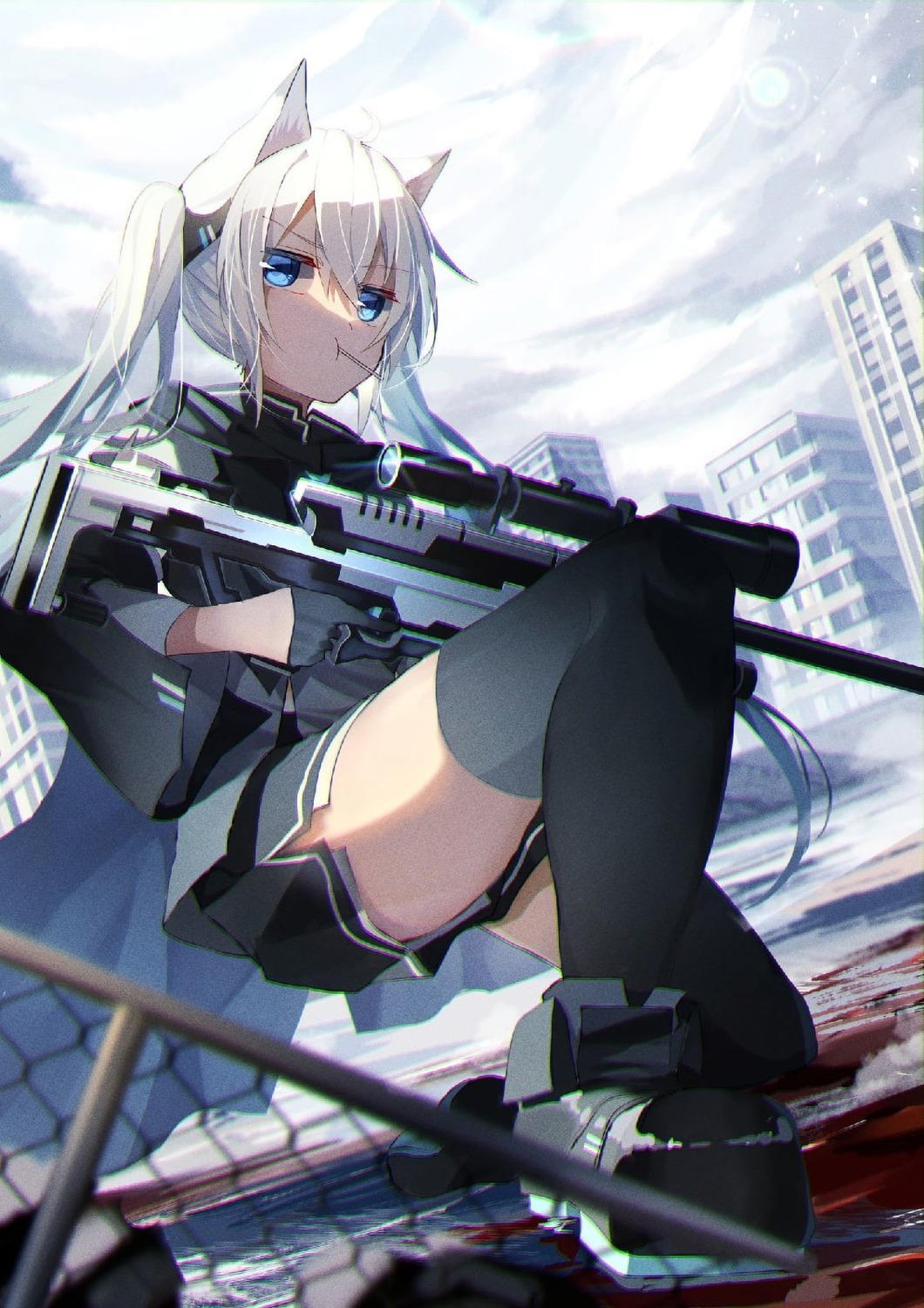 aliasing animal_ears gun nekomimi nyokisan thighhighs