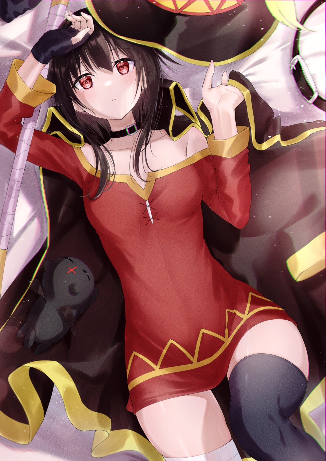 bandages chomusuke cleavage dress kono_subarashii_sekai_ni_shukufuku_wo! meen_(ouaughikepdvrsf) megumin neko no_bra open_shirt skirt_lift thighhighs weapon