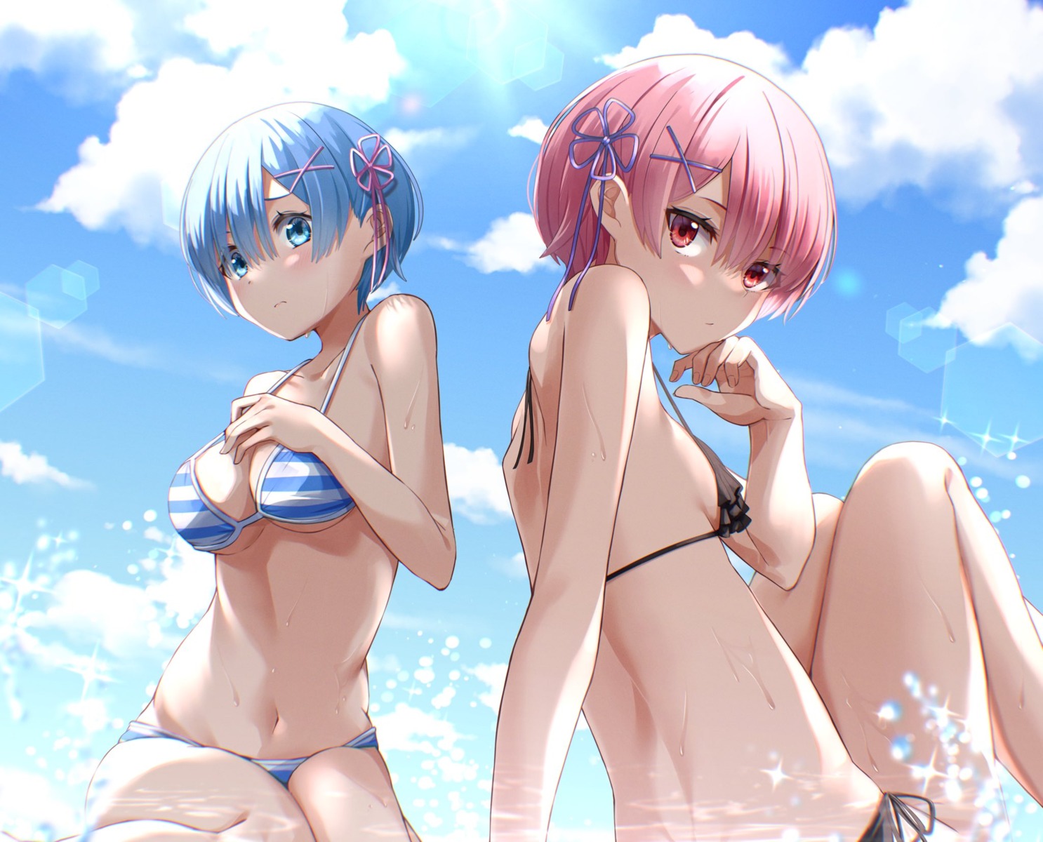 bikini breast_hold cleavage kiona ram_(re_zero) re_zero_kara_hajimeru_isekai_seikatsu rem_(re_zero) swimsuits