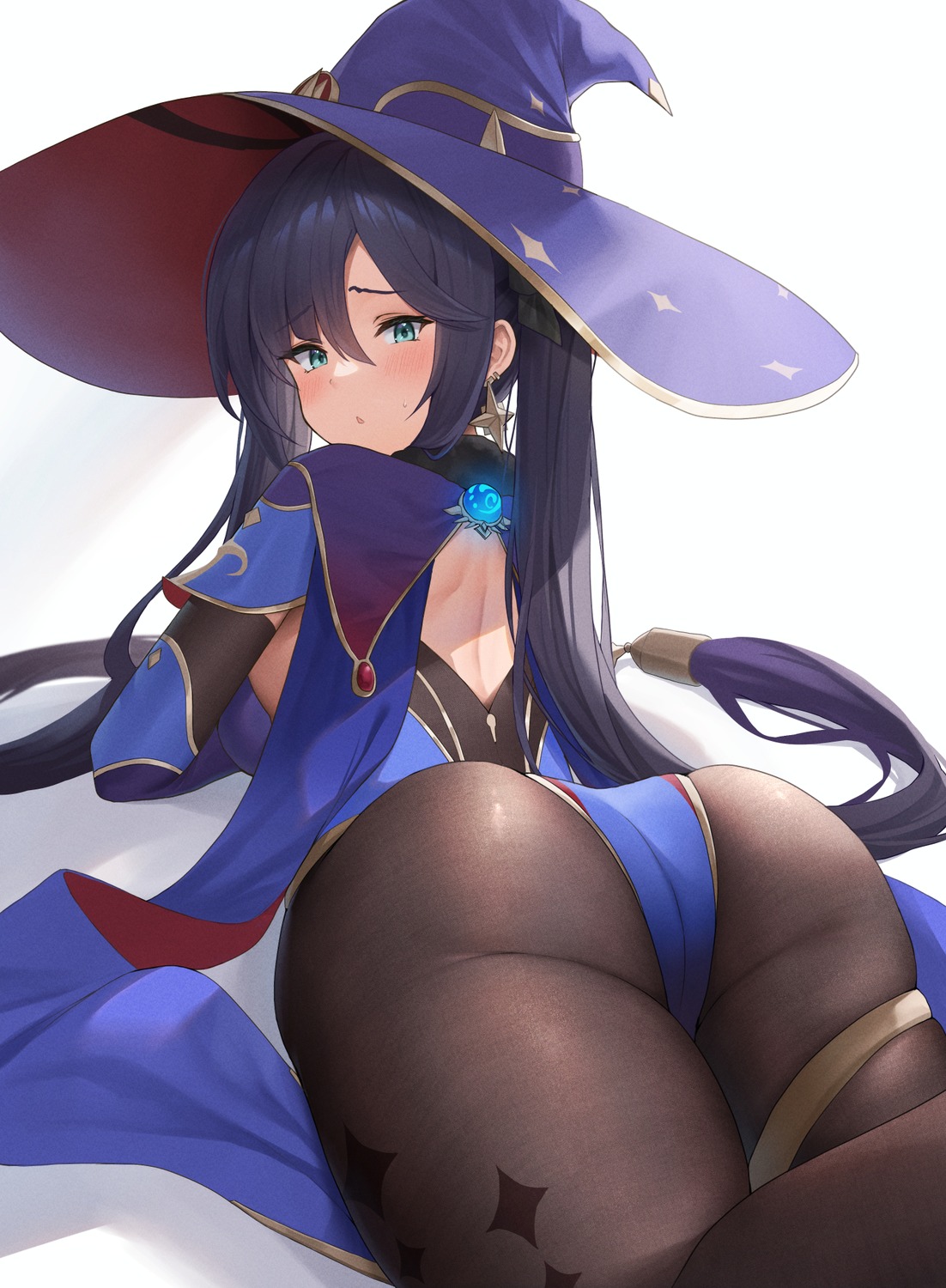 ass futon_fly_away genshin_impact leotard mona_megistus pantyhose witch