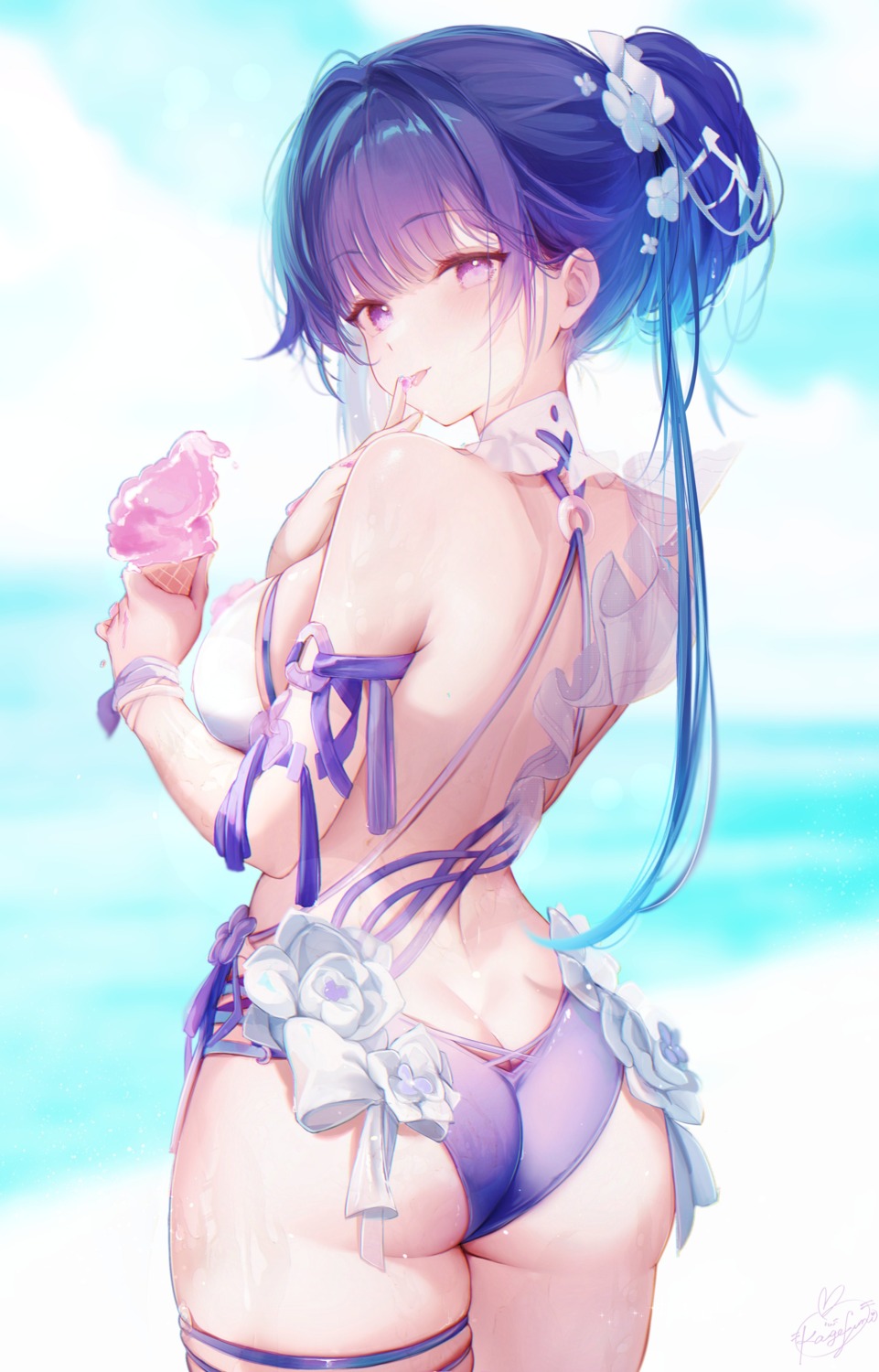 ass benghuai_xueyuan bikini cream garter honkai_impact kagefumi raiden_mei swimsuits thong wet