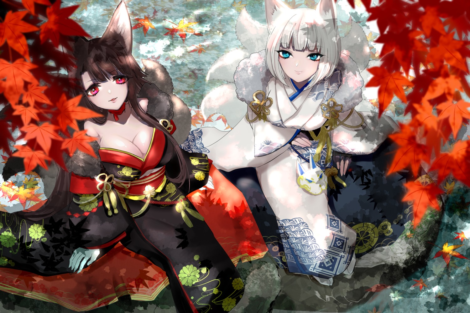 akagi_(azur_lane) animal_ears azur_lane cleavage hachimitsu_hinako kaga_(azur_lane) kitsune no_bra open_shirt tail