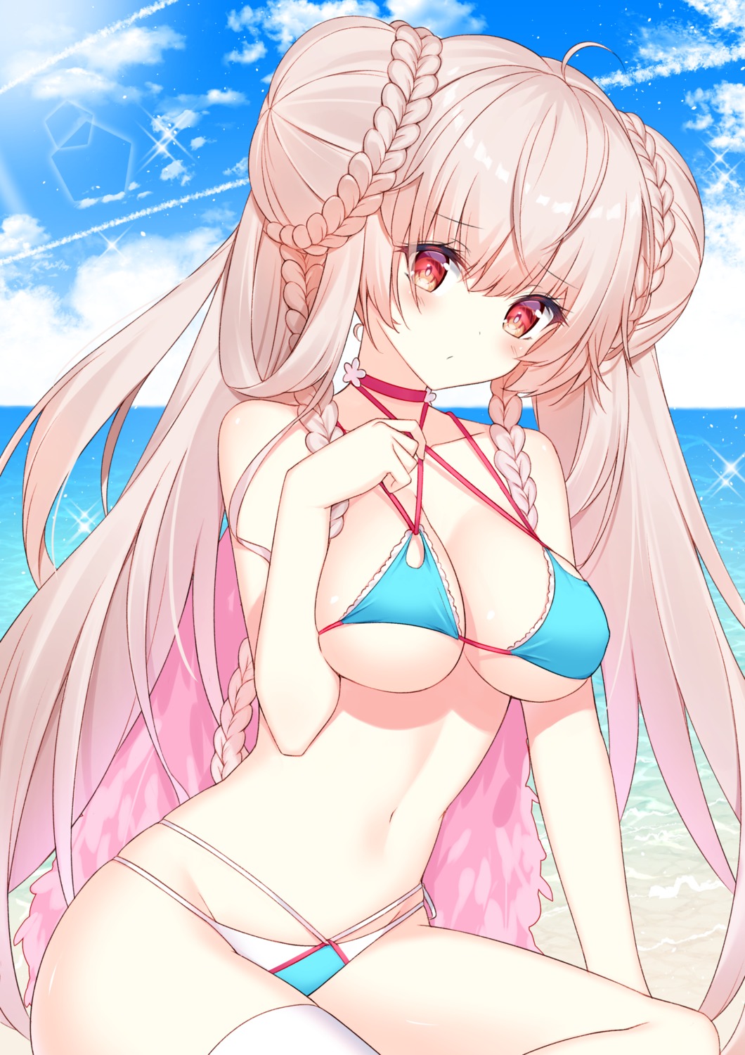 azur_lane bikini breast_hold formidable_(azur_lane) swimsuits takeg05 thighhighs