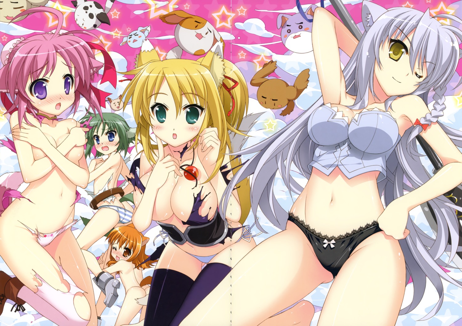 animal_ears ass breast_hold cleavage dog_days eclair_martinozzi fujima_takuya gap inumimi kitsune leonmitchelli_galette_des_rois loli millhiore_f_biscotti naked neko nekomimi pantsu ricotta_elmar shimapan string_panties tail thighhighs topless torn_clothes yukikaze_panettone