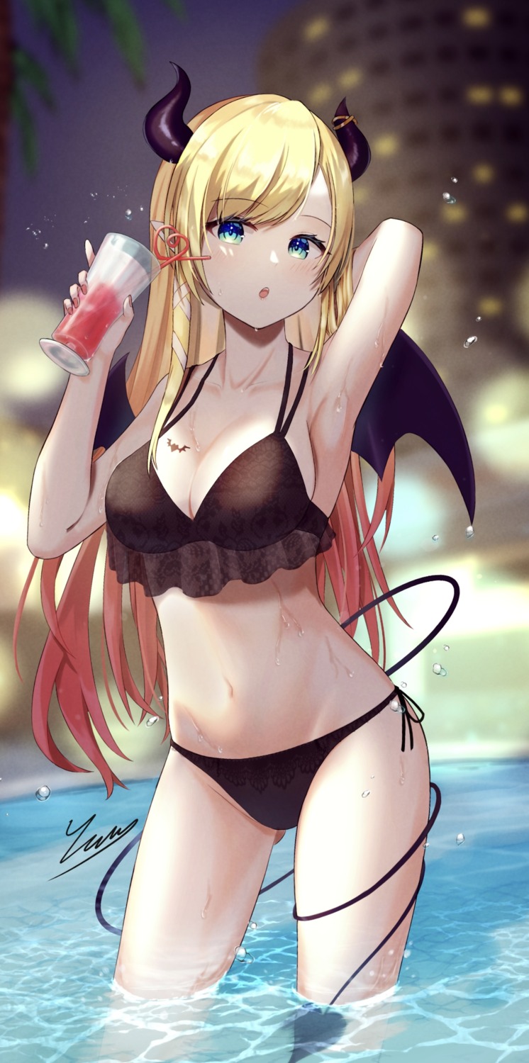 bikini hololive horns nagae_yama see_through swimsuits tail tattoo wet wings yuzuki_choco