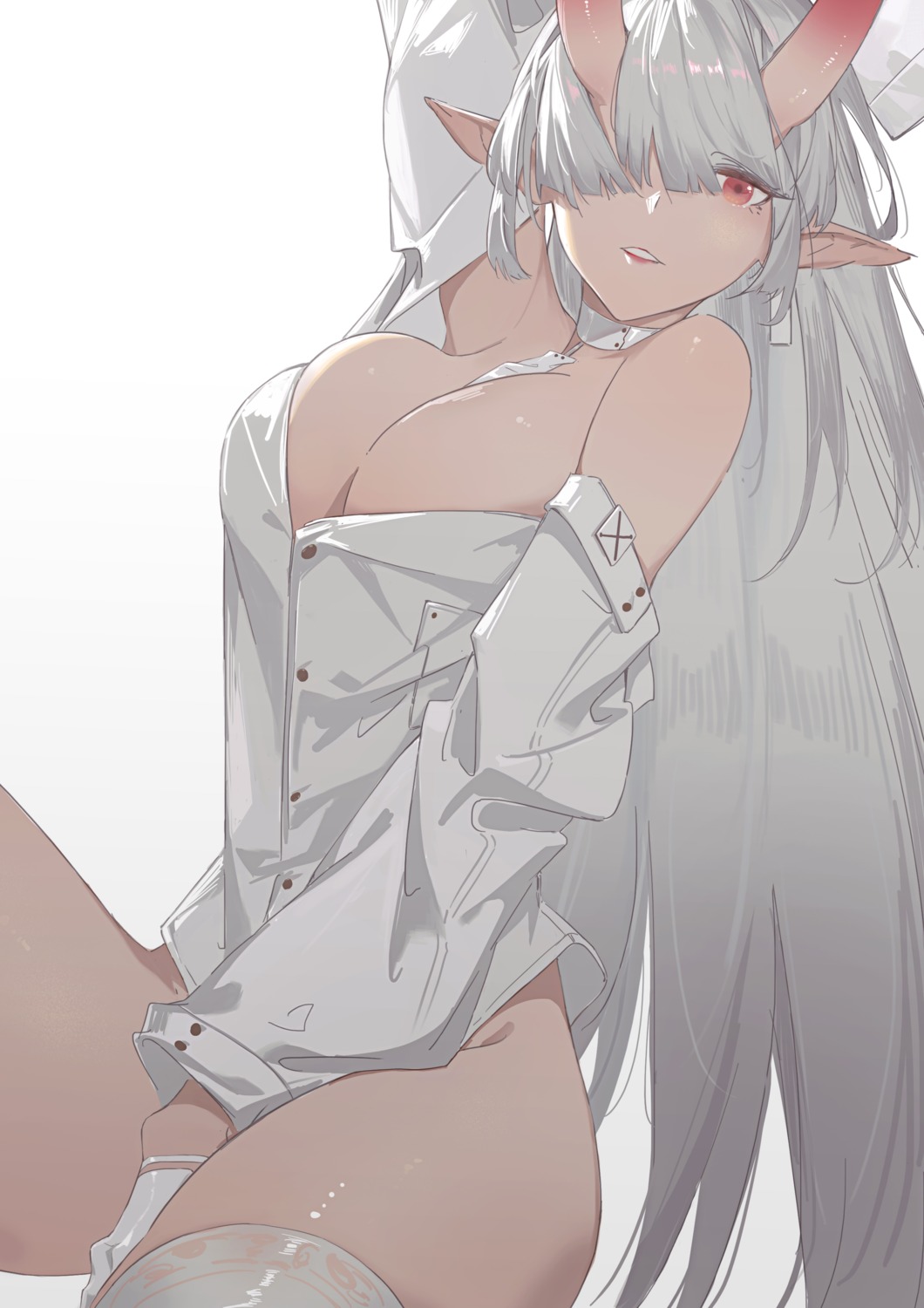 bottomless horns huang_(volt0526) no_bra open_shirt pointy_ears thighhighs