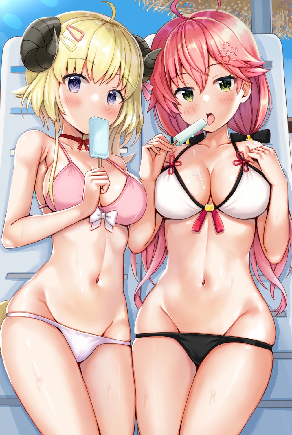 bikini cream hololive horns nootomo panty_pull sakura_miko swimsuits tsunomaki_watame