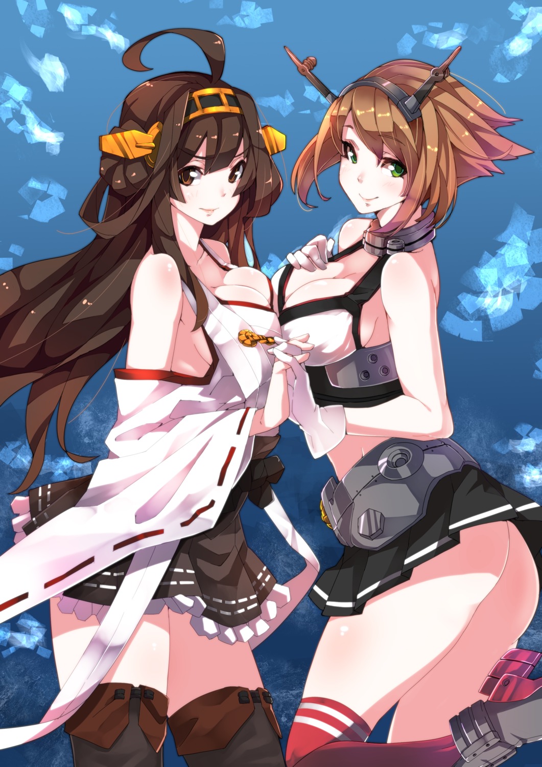 cleavage kantai_collection kongou_(kancolle) makai mutsu_(kancolle) nopan symmetrical_docking thighhighs