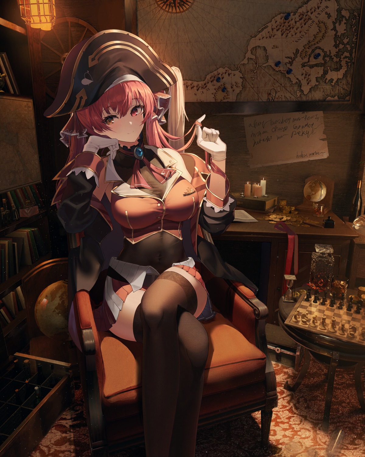 heterochromia hololive houshou_marine pekoku_(tamago_sushi) pirate see_through thighhighs