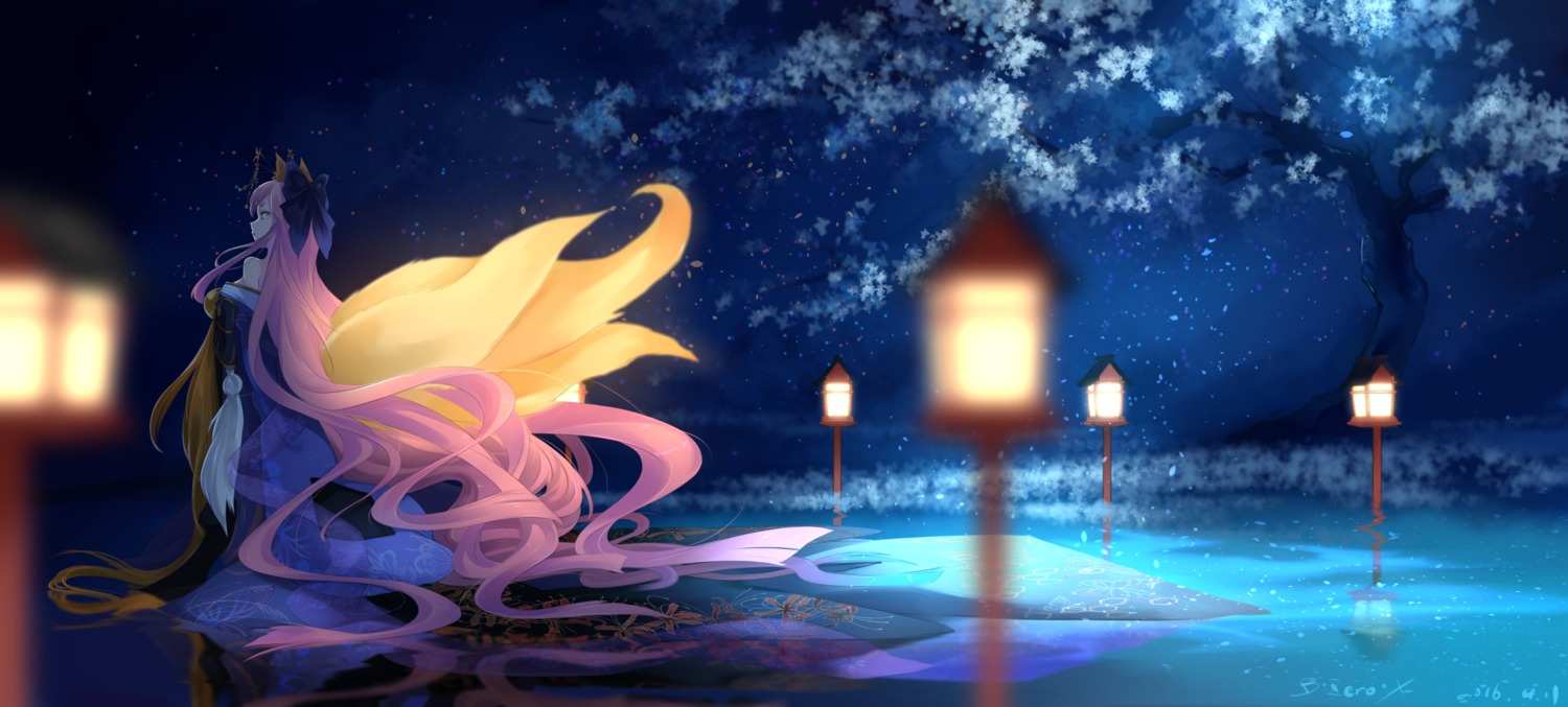 animal_ears bzerox fate/extra fate/grand_order fate/stay_night japanese_clothes kitsune landscape tail tamamo_no_mae