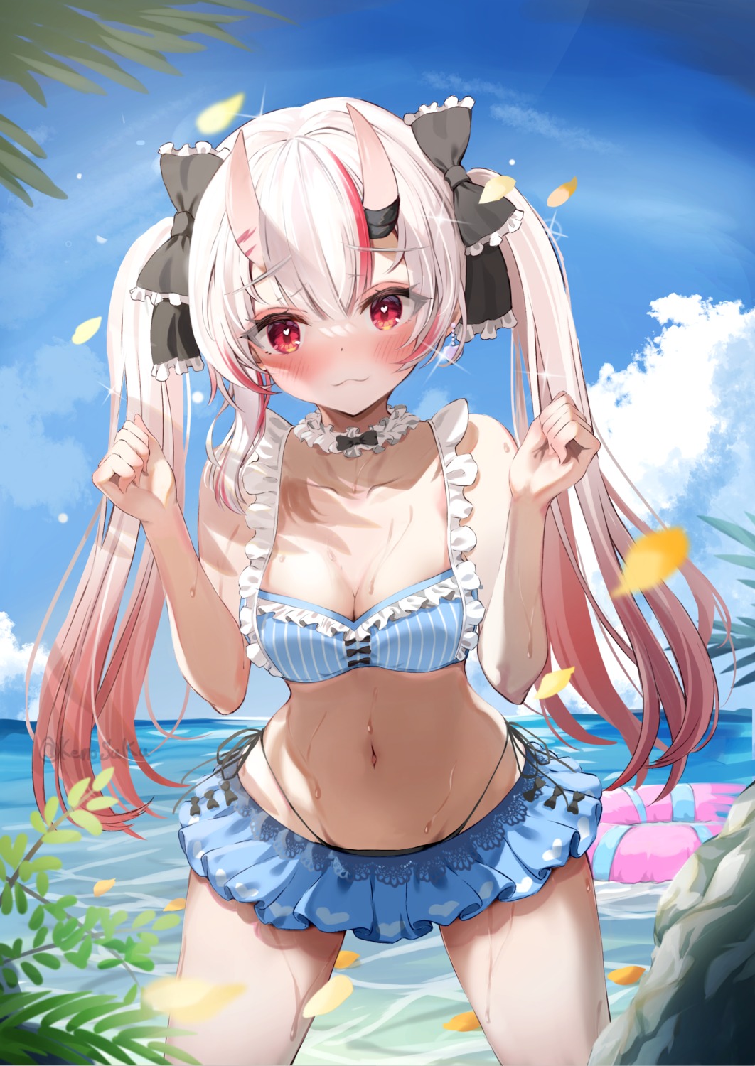 artist_revision bikini cleavage hololive horns kemosuku nakiri_ayame swimsuits wet