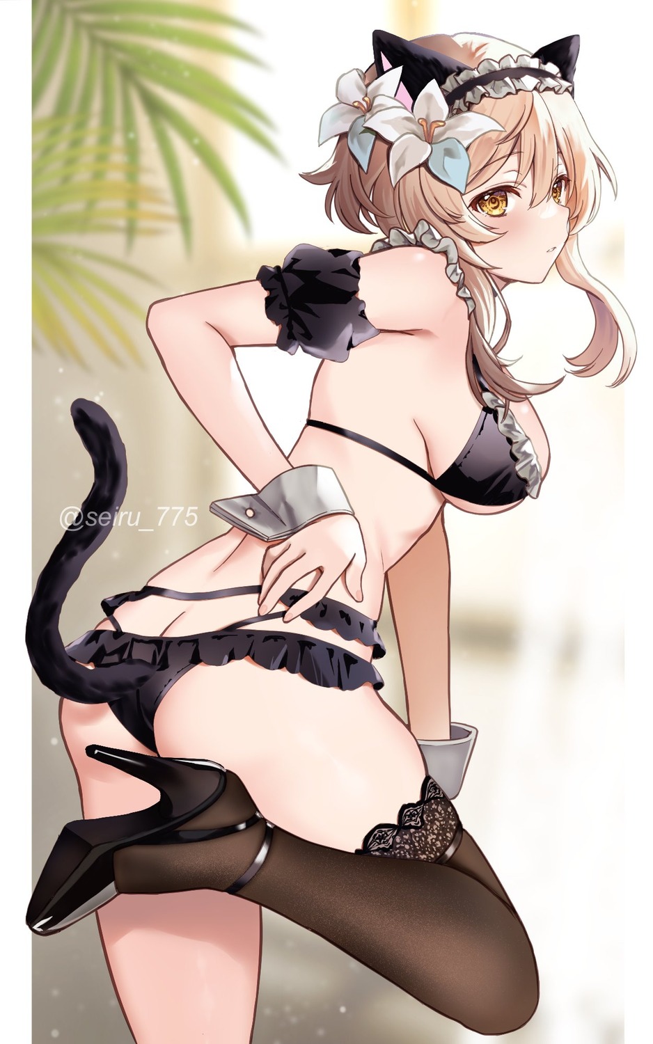 animal_ears ass bikini genshin_impact heels hijiri_ruka lumine maid nekomimi swimsuits tail thighhighs thong