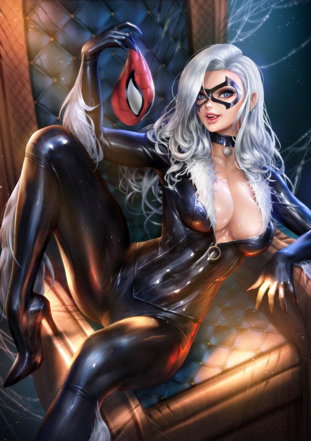 black_cat_(marvel) bodysuit cleavage heels marvel no_bra nudtawut_thongmai open_shirt spiderman