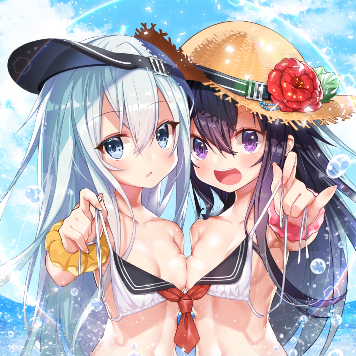 akatsuki_(kancolle) bikini_top haiba hibiki_(kancolle) kantai_collection loli swimsuits symmetrical_docking topless