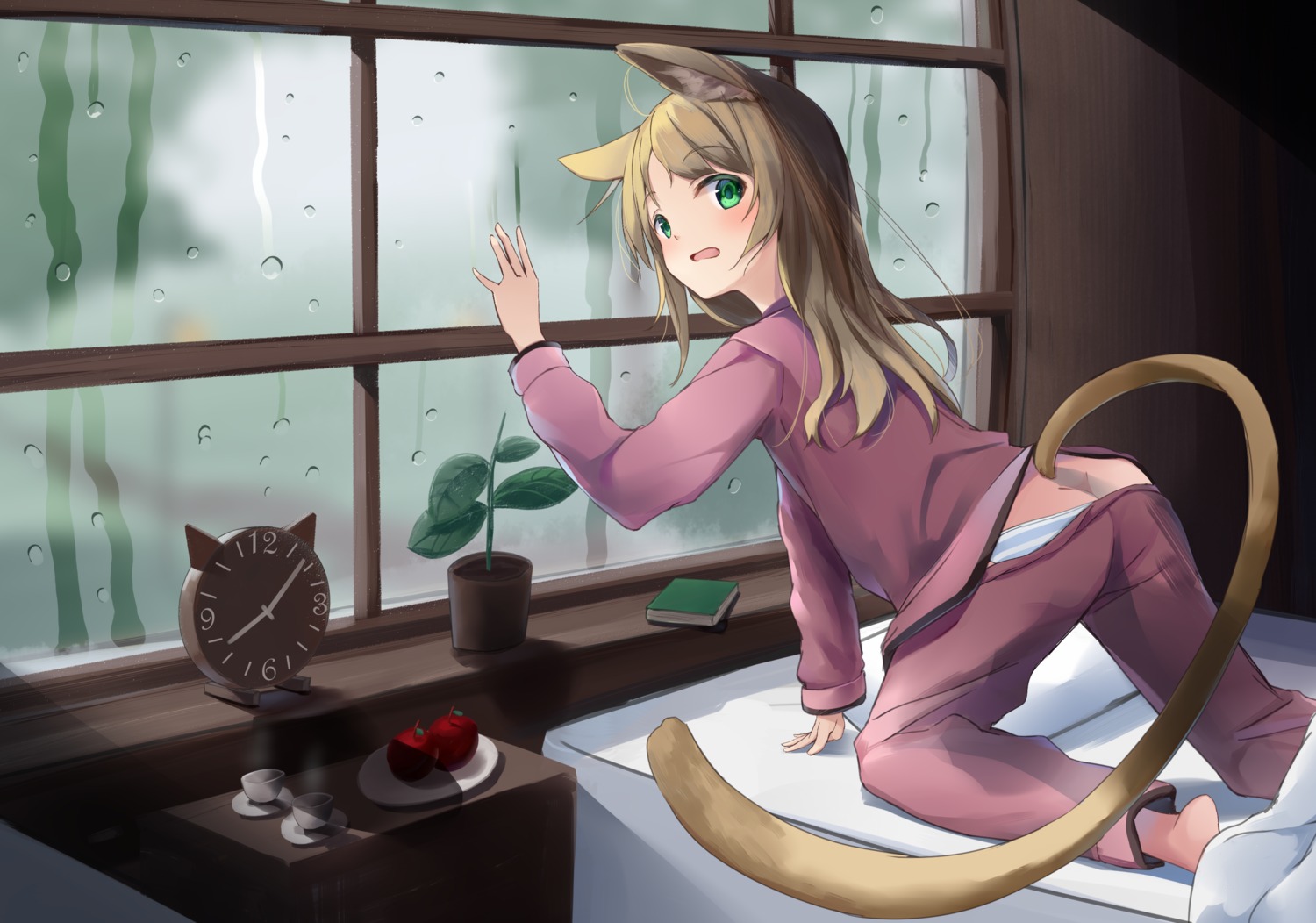 akinakes animal_ears ass nekomimi pajama pantsu panty_pull sheets shimapan tail