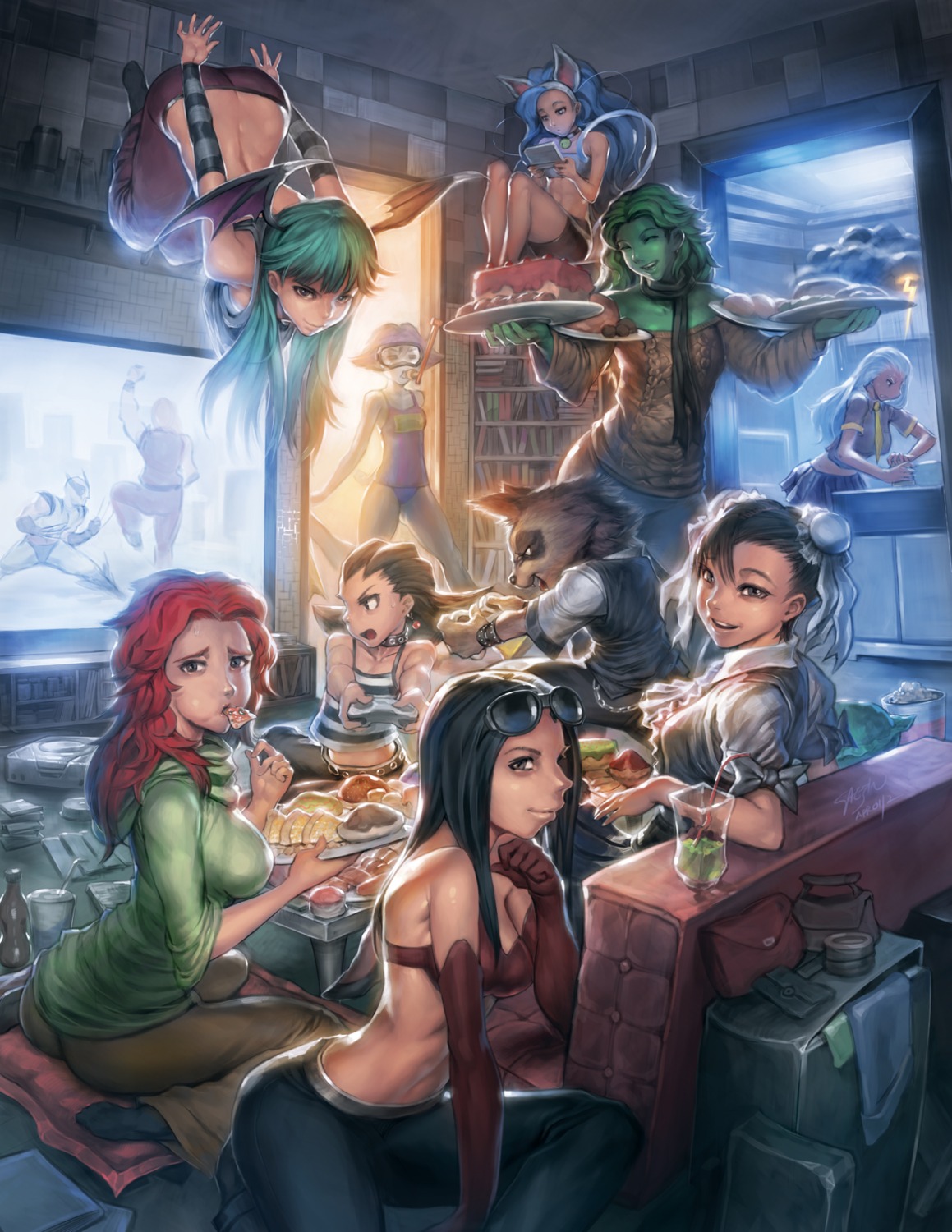 animal_ears bike_shorts bikini_top capcom chun_li cleavage crossover dark_stalkers felicia guardians_of_the_galaxy jean_grey ken_masters lei_lei marvel marvel_vs_capcom marvel_vs_capcom_3 morrigan_aensland nekomimi rocket_racoon rockman rockman_dash saejin_oh school_swimsuit seifuku storm street_fighter swimsuits tail tron_bonne weapon wings wolverine x-23 x-men