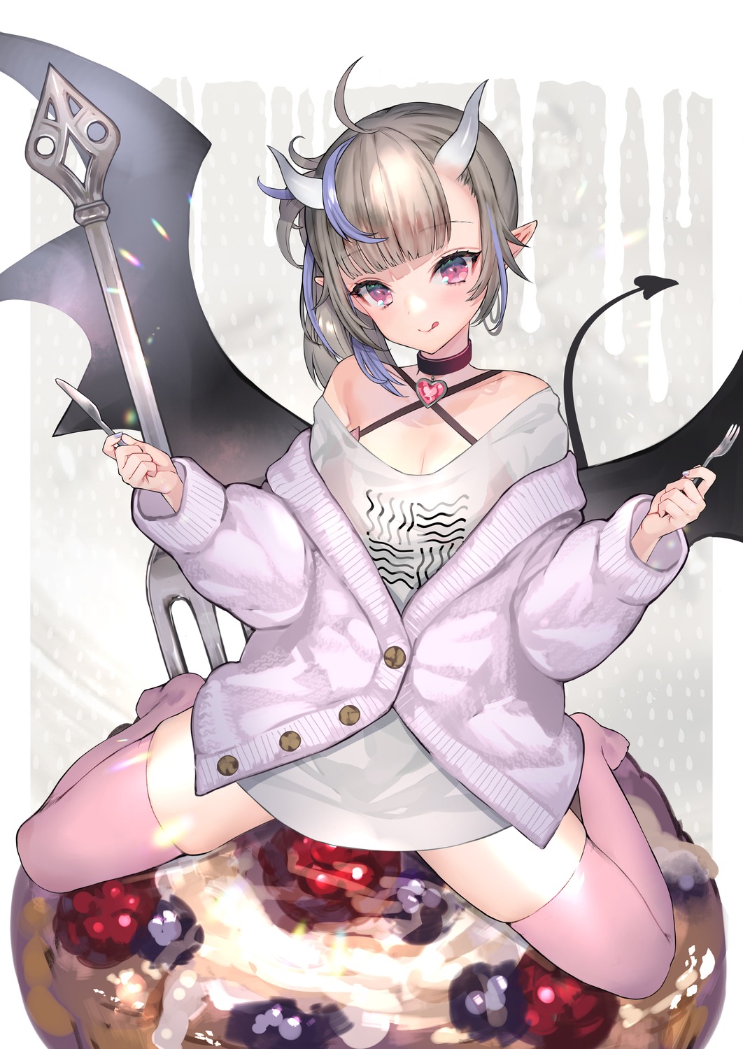 cleavage dress hitowa horns sweater tail thighhighs wings