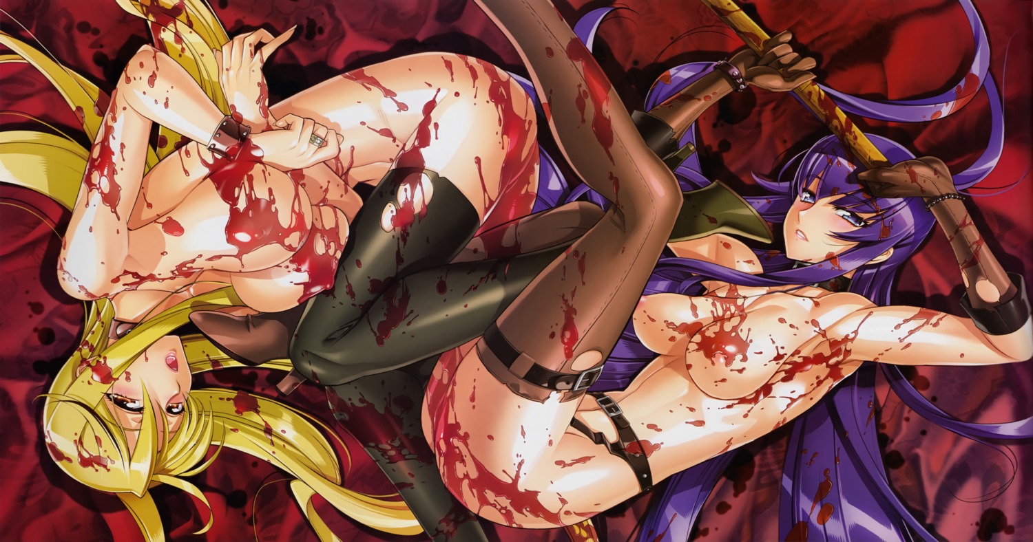 areola blood busujima_saeko erect_nipples fixed garter garter_belt heels highschool_of_the_dead inazuma marikawa_shizuka naked stockings sword thighhighs torn_clothes