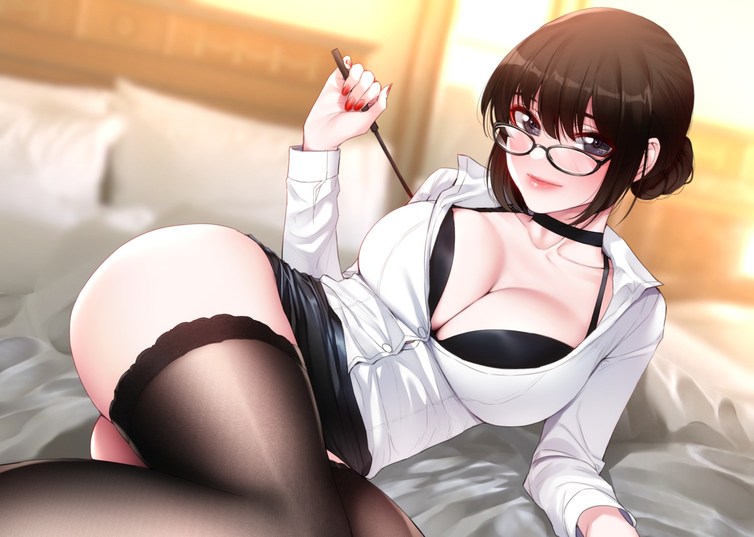 akchu bra business_suit cleavage megane open_shirt skirt_lift thighhighs