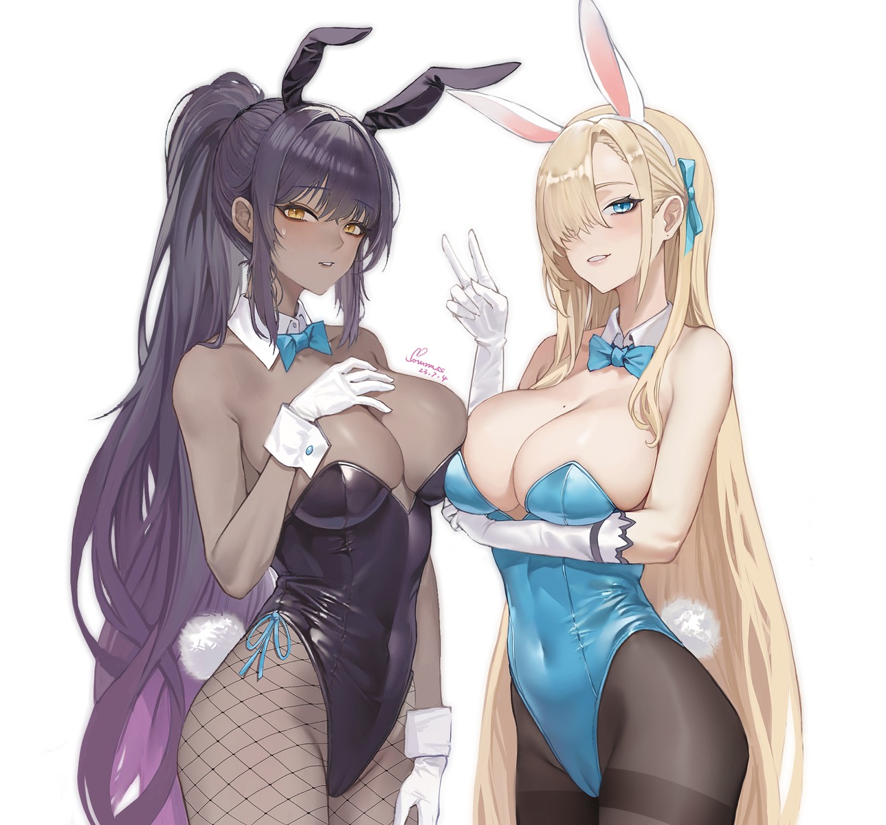 animal_ears blue_archive bunny_ears bunny_girl fishnets halo ichinose_asuna kakudate_karin no_bra pantyhose somnuss tail