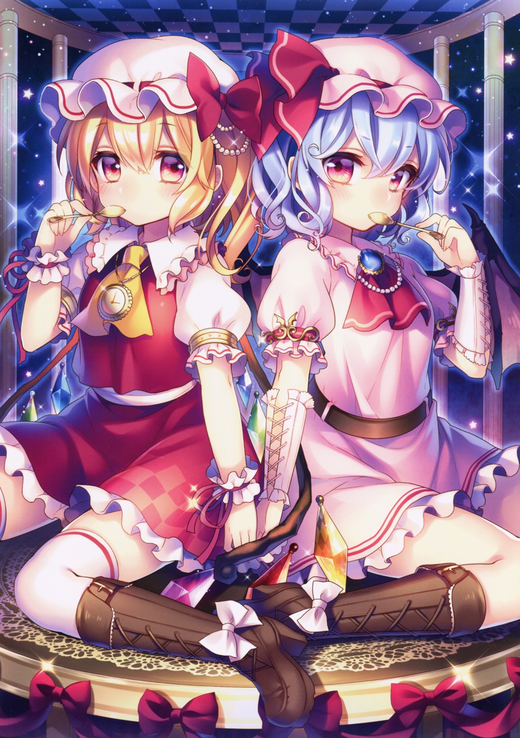 dress flandre_scarlet heels masaru.jp remilia_scarlet thighhighs touhou wings