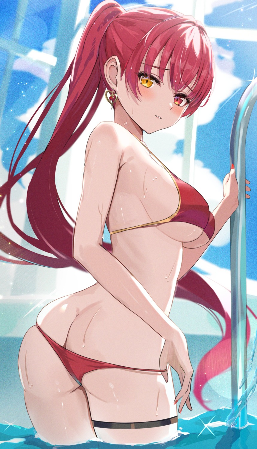 ass bikini garter heterochromia hololive houshou_marine panty_pull swimsuits thong undressing wet yamamoto_(ymmt_is_sexy)