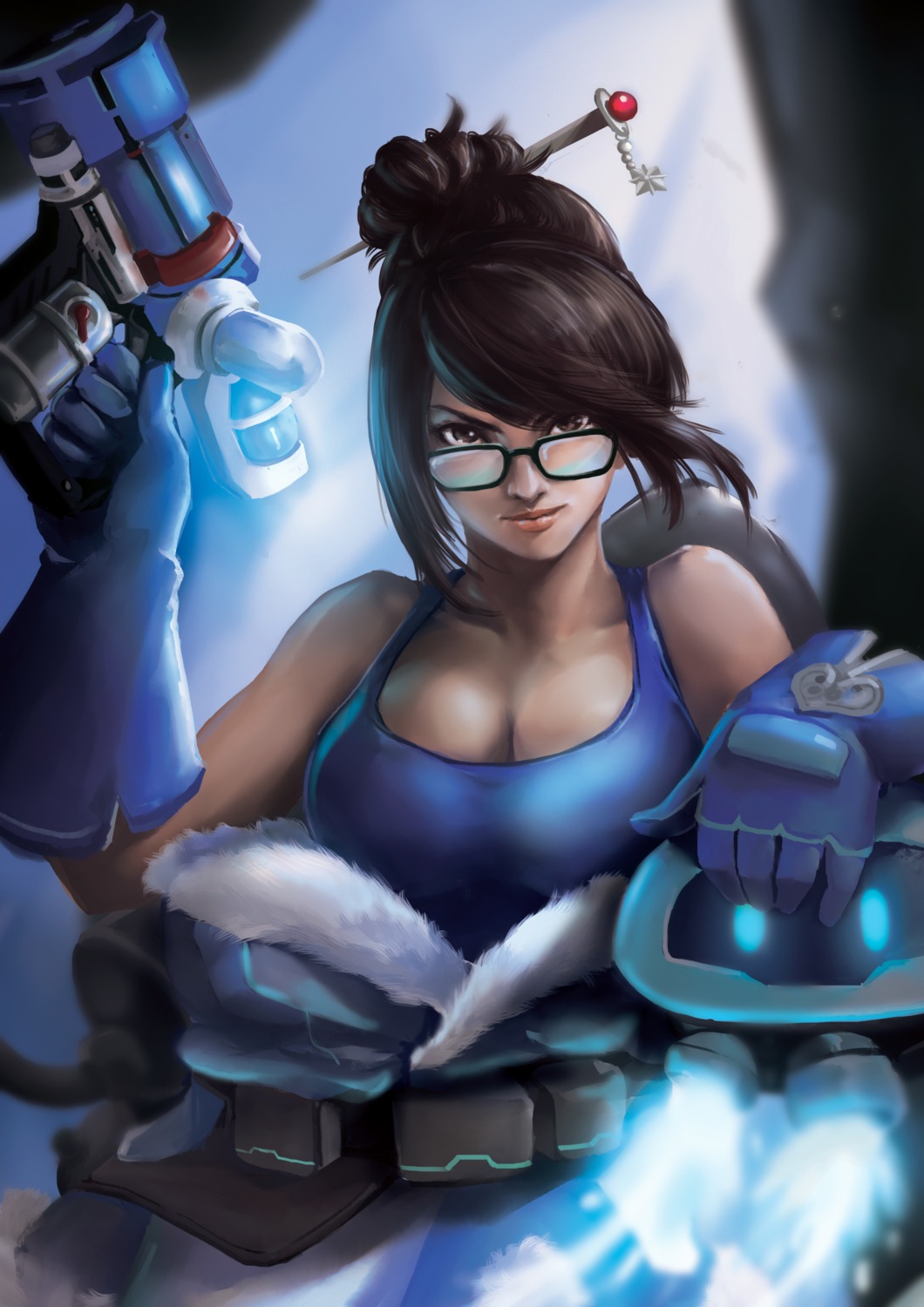 chua_wei_chong cleavage gun megane mei_(overwatch) open_shirt overwatch snowball_(overwatch)