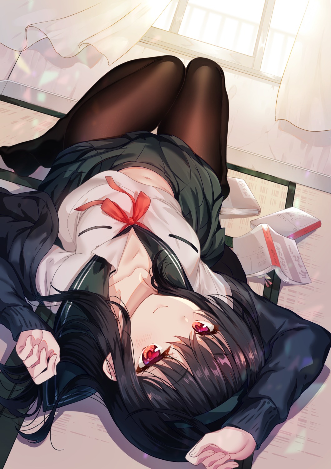 cleavage open_shirt pantyhose sanshoku_amido seifuku skirt_lift sweater