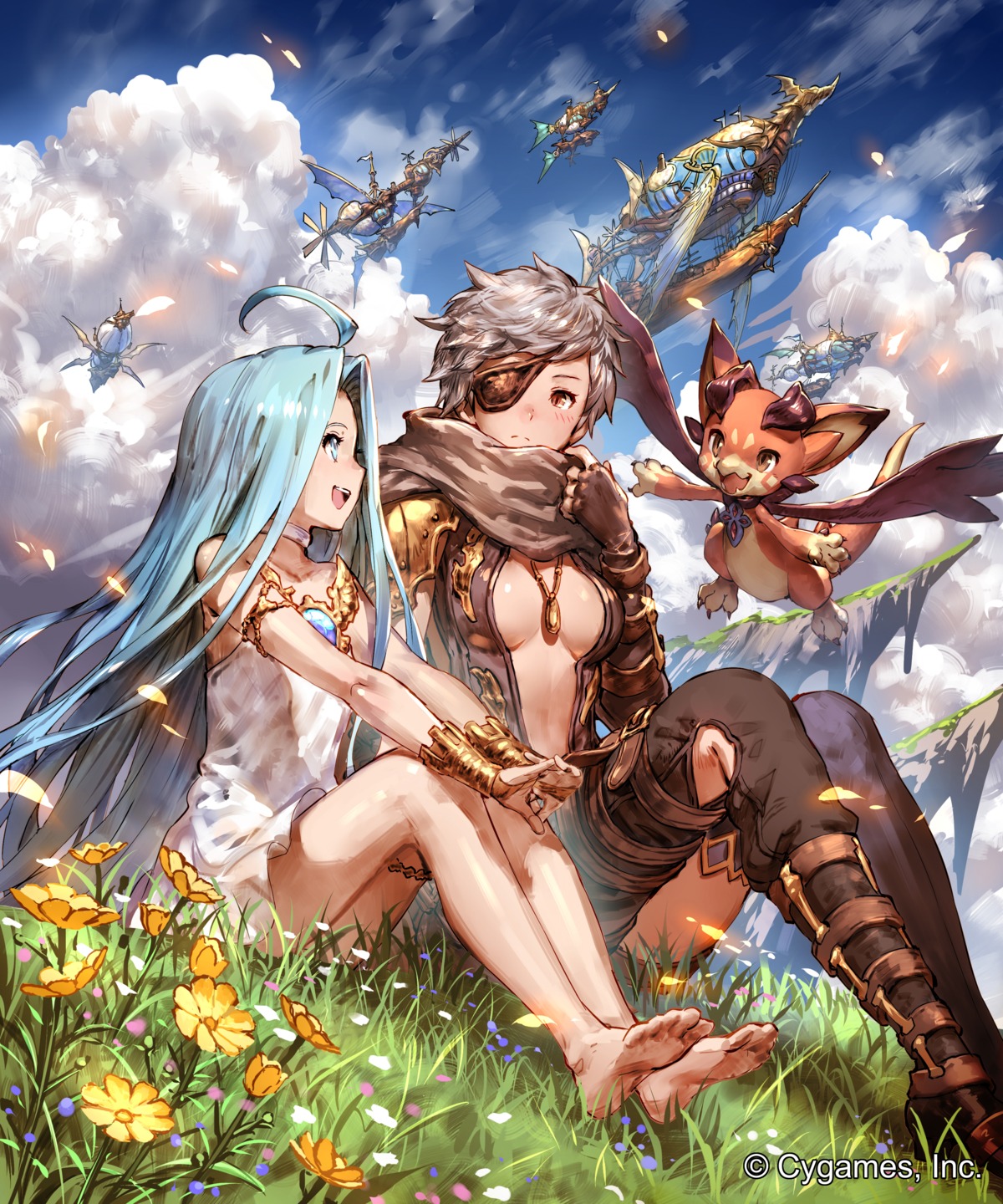 cleavage dress eyepatch feet granblue_fantasy lyria_(granblue_fantasy) no_bra okada_manabi tania_(granblue_fantasy) thighhighs