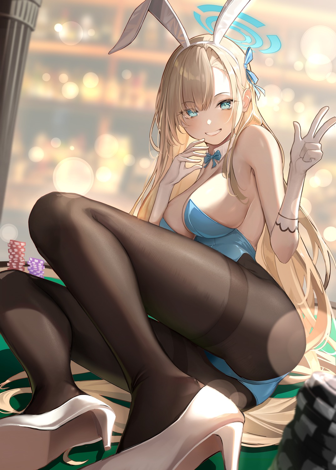 animal_ears blue_archive bunny_ears bunny_girl dampi halo heels ichinose_asuna no_bra pantyhose