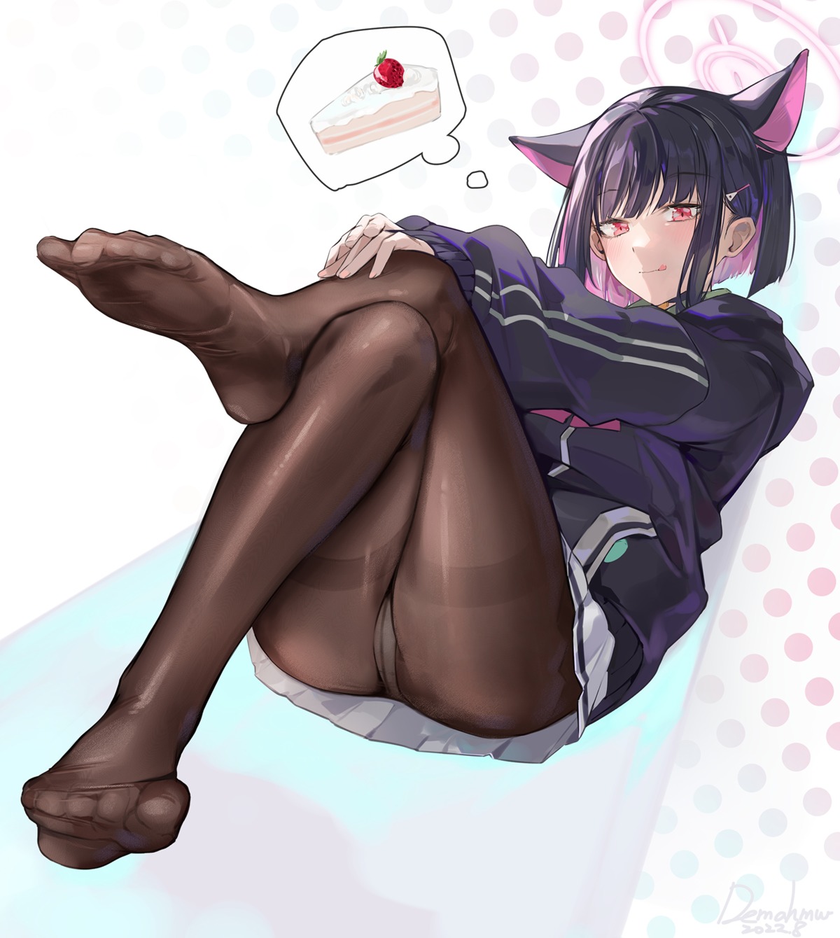 animal_ears blue_archive dema_hmw feet halo kyouyama_kazusa nekomimi pantsu pantyhose seifuku skirt_lift